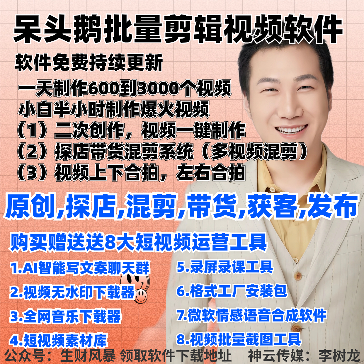 【终极版V100】呆头鹅批量剪辑视频软件：一天AI剪辑600到3000条视频，二次原创，探店带货多视频混剪系统，视频合拍